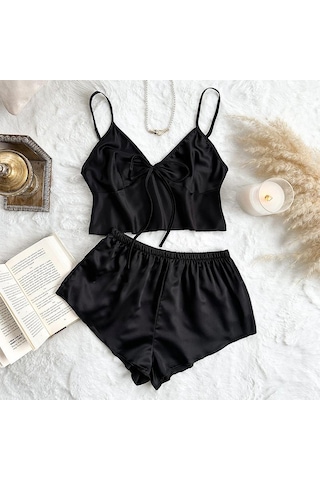 Buz İpek Atlet Pijama Kadın Moda İki Parça Ev Giyim İnce Ev Askılı Şort Takımı Siyah