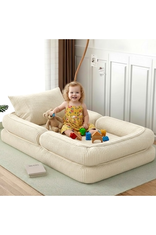 Trend Fitilli Kadife Modüler Çocuk Oyun Minderi Ve Yatağı Tamamen Sünger 90 x 190 CM Krem