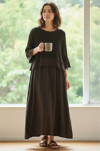 İtalyan Saçak Detaylı Müslin Keteni Yırtmaçlı Elbise - Bluz & 2'li Takım Koyu Kahve
