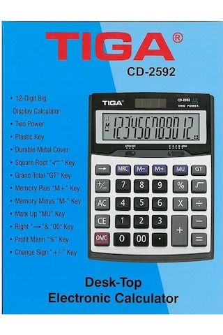 Tiga CD-2592 Büyük Boy Metal Yüzey 12 Hane Hesap Makinesi
