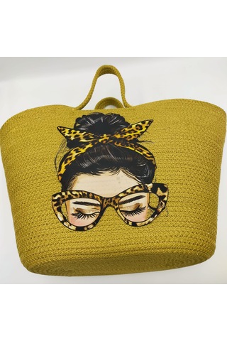 Hasır Çanta, Plaj Çantası, Baskılı Kadın El Ve Omuz Çantası Yeşil