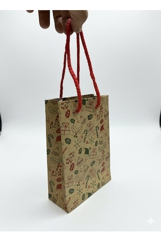 Yılbaşı Tasarımlı Kraft Karton Çanta Seti-25li, Kırmızı İpli Parti, Noel, Hediye Çantası, 12x17 Cm Standart