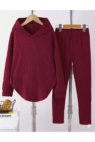 S-pazarım Kadın Uzun Kollu Kapşonlu Meloni Bluz Ve Pantolon Ikili Takım Bordo