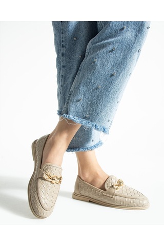 Lebibe Shoes Maby Kadın Bej Örgü Dokulu Zincir Detaylı Loafer Düz Ayakkabı Babet