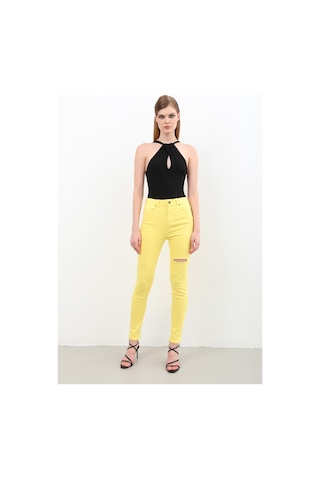 Kadın Yırtık Detaylı Jean Pantolon Sarı 001