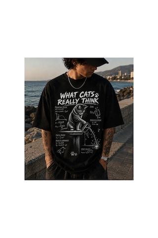 Qmen Style Unisex Siyah Oversize Baskılı T-shirt Uzman Kedi R %100 Pamuk