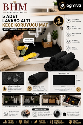 5'li Lavabo Altı Keçe Koruyucu Mat Su Emici Dolap Içi Örtü Kesilebilir Mutfak Ve Banyo Dolabı Matı 100x50cm Siyah