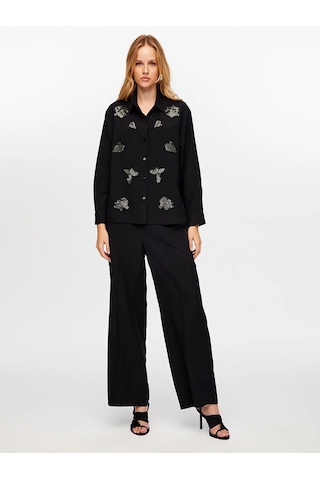 Faik Sönmez Boncuk Nakış Detaylı Tenselli Kadın Gömlek W26gml010 Siyah