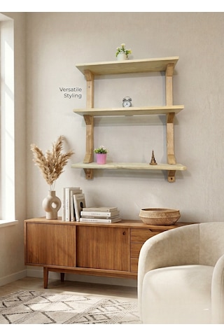Modern 3 Katlı Ahşap Duvar Rafı Dekoratif Masif Ahşap Kitaplık Ve Duvar Rafı Bej