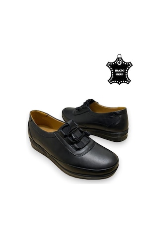 Günlük Kadın Hakiki Deri Comfort Tam Ortopedik Anne Ayakkabısı Siyah Lastikli Siyah