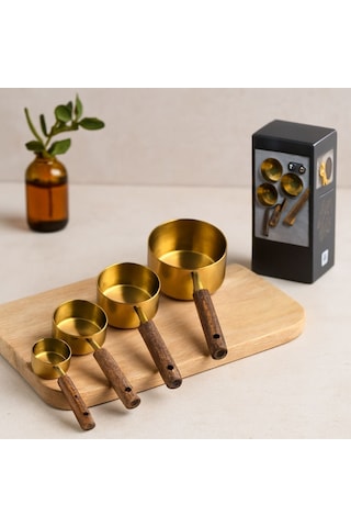 4'lü Ölçü Kaşık Seti 250/125/80/60 Ml - Gold Metal Ahşap Saplı Çok Renkli