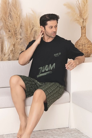Büyük Beden Pamuklu Cepli Kısa Kollu Şortlu Erkek Pijama Takımı Siyah