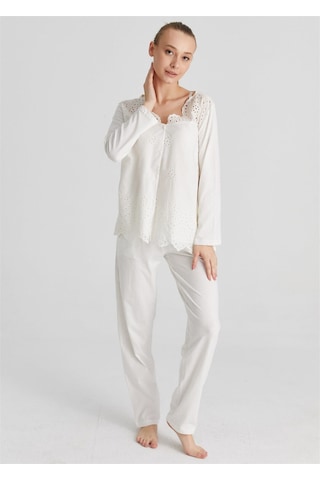 Magic Form 17108 Brodeli Uzun Kollu Pijama Takımı Ekru