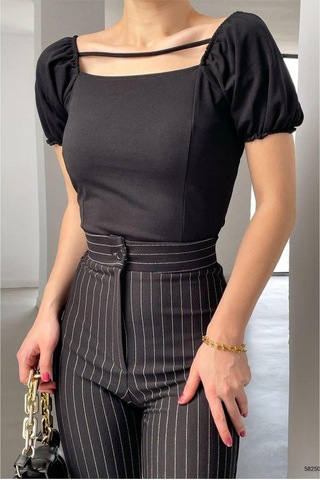 DefyModa Kadın El Emeği Krep Kumaş Kare Yaka Askılı Bluz Siyah