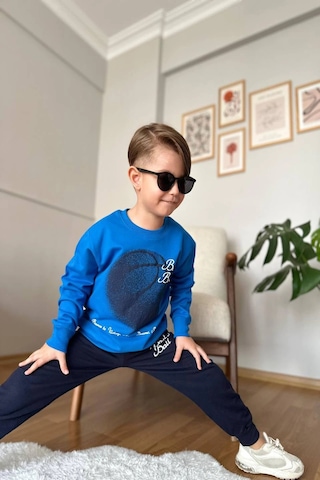 Basketball Yazı Desenli Mavi Renk Erkek Çocuk Eşofman Takımı Mavi