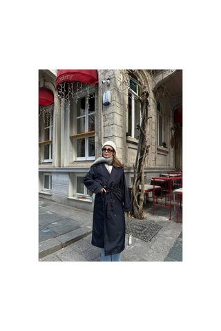 Meecy Kadın Lacivert Kuşaklı Yeni Sezon Trençkot Lacivert Lacivert