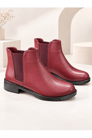 Dabab Shoes Maral Kadın Bordo Cilt Yuvarlak Burun Lastik Detaylı 3 Cm Topuklu Kaymaz Taban Chelsea Bot Bootie