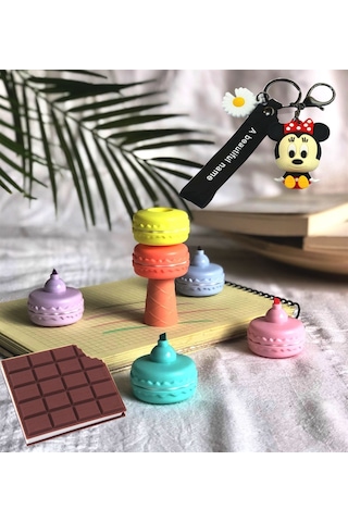 Makaron 6'lı Keçeli Kalem Ve Çikolata Kokulu Misgibi Defter Anahtarlık Set