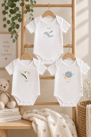 Luppinos Love You Mom 3lü %100 Pamuk Dijital Baskılı Bebek Body Set 1 Beyaz