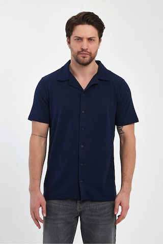 Erkek Rahat Kalıp Ottoman Kumaş Nefes Alabilen Pamuklu Apaş Yaka Gömlek Lacivert