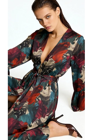 Roxela Desenli Uzun Saten Sabahlık / Kimono Çok Renkli