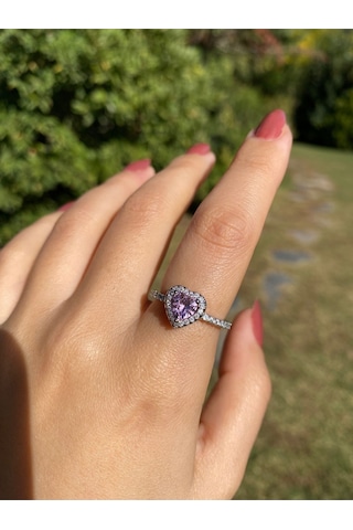 Pembe Kalpli Taşlı Kadın Zarif Yüzük Sevgiliye Hediye