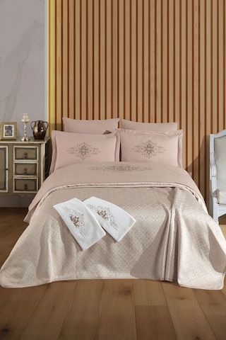 Tivoli 8 Parça Evlilik Seti Pike Takımı Havlulu-nakışlı Çift Kişilik Gelin Seti-diana-kapuçino Cappuccıno Cappuccino