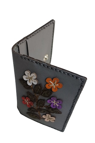 Durush Collection Tasarım Gerçek Deri Gri Çiçekli El İşlemeli Kartlık