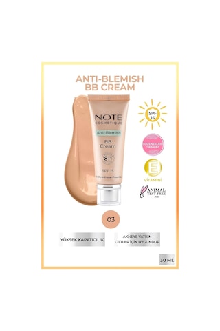 Note Cosmetique Anti-Blemish BB Cream SPF 15 Akneye Yatkın Ciltler BB Krem - 03 Natural Beige