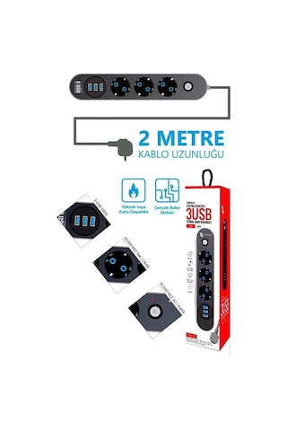 Çoklu 3'lü Priz Akım Korumalı 3xusb 10a 2500 Watt 2 Metre Uzatma Diğer