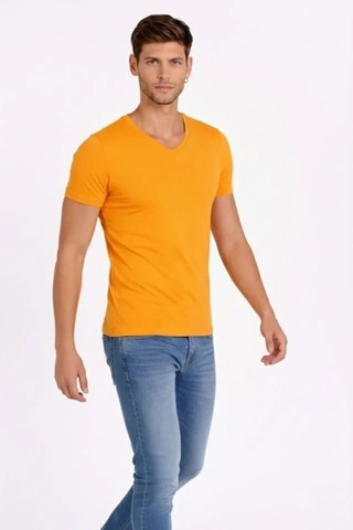Butik İstanbul Erkek T-shirt V Yaka Slim Fit Dar Kesim Likralı Tişört Günlük Basic Body - Sarı