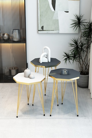 3'lü Sekizgen Zigon Sehpa Seti - Gold Metal Ayaklı, Modern & Şık Yan Sehpa, Dayanıklı Salon Ofis Beyaz Antrasit