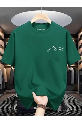 Beyaz Dağ Baskılı Oversize Tişört Yeşil