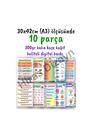 1. Sınıf Ders Afişi Seti Sınıf Afişleri 10 Parça 30x42cm A3- Yeni Müfredat İlkokul Okul Öncesi Eğitici Sınıf Panosu Süsleme Seti 300gr Kalın Kuşe Kağıt Duvar Afişleri Eğitim Materyalleri