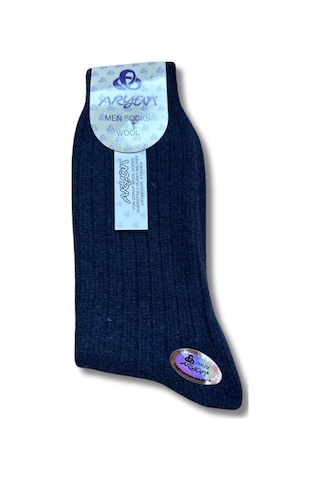 Erkek Saf Yün Kışlık Orta Kalınlıkta Dikişsiz 6 Çift Kendinden Çizgili Çorap Lacivert Gri