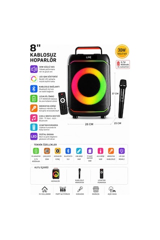 Blic Bls-80 30w Kablosuz Bluetooth Hoparlör 8 İnc Led Işıklı Karaoke Parti Hoparlörü