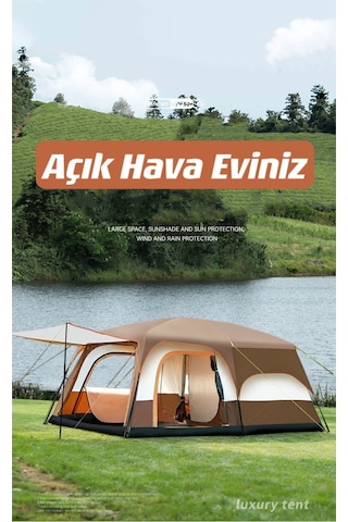 Büyük Uzay Açık Kamp Çadırları 8-10 Kişi Çift Kat 1 Oda 1 Oturma Odası Kamp Çadırı 330 210 185 Cm Kahverengi