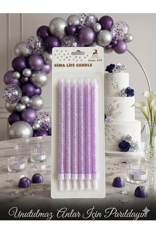 Rima Life Candle Doğum Günü Pasta Mumu, Mor Simli, Uzun İnce, Kutlama İçin, 6'lı Paket +0