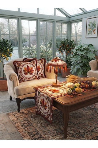 Missidea Fall Elegance Yaprak Desenli Dekoratif Masa Üstü Lambası Bali Şemsiyesi Seti Şemsiye + Runner + 2 Li Kırlent Kılıfı Çok Renkli