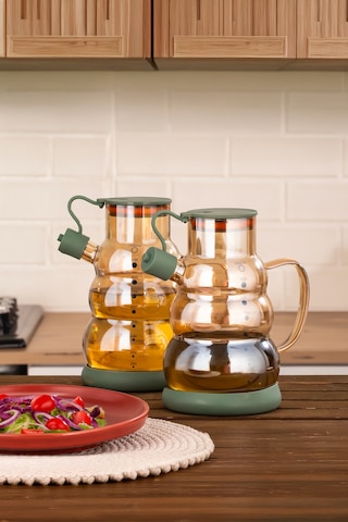 Porsima 3617 Kapaklı Borosilikat Cam 2li Yağlık Sirkelik Seti Yağdanlık Takımı 1000ml Yeşil Yeşil