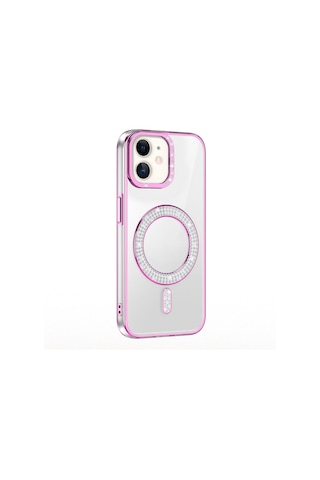 Apple Uyumlu iPhone 11 Kılıf Pırlanta Taş Tasarımlı M-safe Şarj Özellikli Karetta Silikon Kılıf Rose Gold