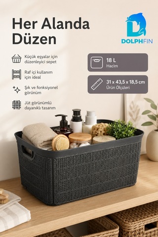 Jute Çok Amaçlı Kutu 18 L Plastik Mutfak Banyo Dolap İçi Düzenleyici Siyah