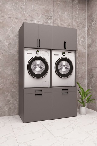Mdf Çamaşır Makinesi Ve Kurutma Makinesi Dolabı Çift Sepetli Antrasit