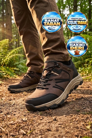 Ayakmod Kahve Hakiki Deri Kaymaz Tabanlı Bağcıklı Erkek Outdoor Trekking Ayakkabı 2672 Kahverengi