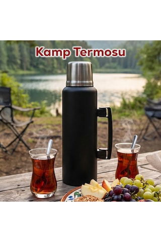 Porsima 2085 Çift Katmanlı Paslanmaz Çelik Termos Kulplu Termos Matara 1,5lt Siyah
