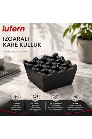Izgaralı Kare Küllük Bakalit Plastik Siyah Ev İş Yeri Kafe Restoran Kül İzmarit Bahçe Açık Alan