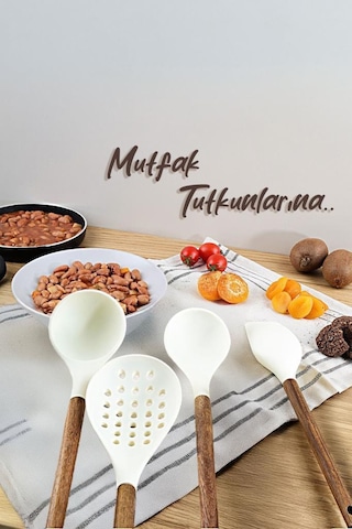 Akasya Saplı 4'lü Silikon Mutfak Gereçleri Seti Kepçe Kevgir Mutfak Kaşığı Spatula