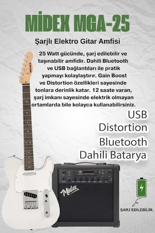 Midex Tlx-50wh-25amp Tele Kasa Gül Klavye 2 Single-coil 25w Amfili Elektro Gitar