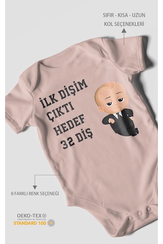 Morivokids İlk Dişim Çıktı Hedef 32 Diş Kısa Kollu Bebek Body Pastel Pembe