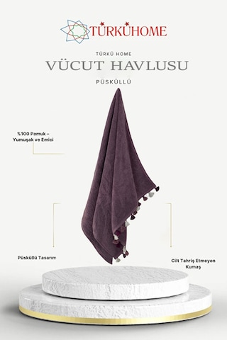 Püsküllü Yumuşak Pamuk Havlu Yüksek Emicili Vücut Havlusu 70x130 Cm Mor